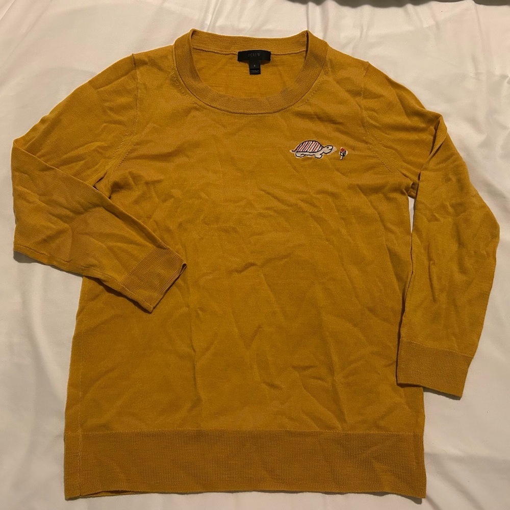 J. Crew Mustard Crew Neck Sweater with Embroidered Turtle Detail